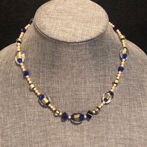 Champagne colored pearls with blue glass beads and blue Swarovski crystal beads